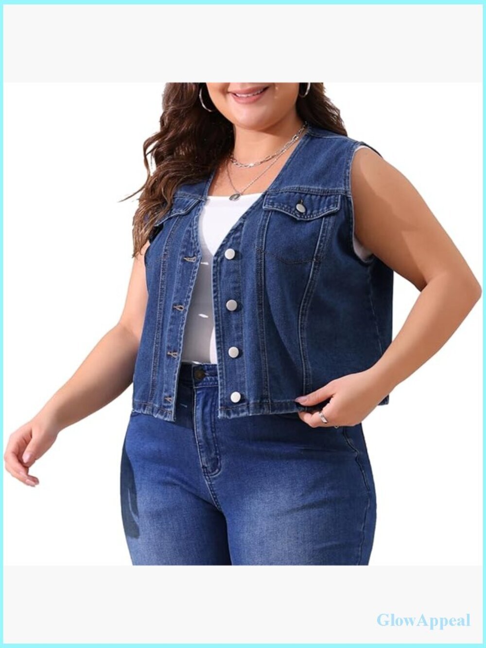 Plus Size Sleeveless Denim Vest V Neck Button Down Casual Jean Waistcoat Jacket